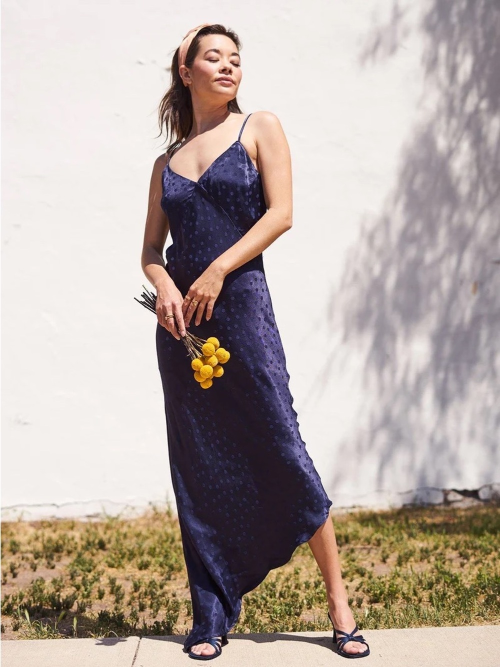 Navy Polka Satin Slip Dress